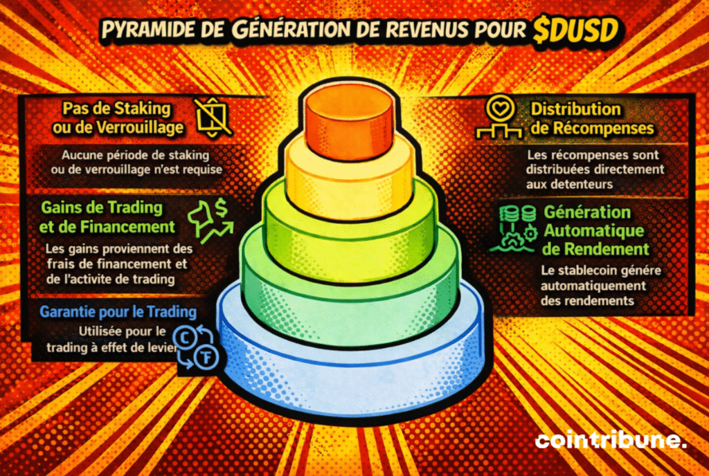 Infographie montrant une pyramide à plusieurs niveaux illustrant un système de génération de revenus en stablecoin : absence de staking ou de verrouillage, gains issus du trading et des frais de financement, utilisation comme garantie pour le trading à effet de levier, distribution directe des récompenses aux détenteurs et génération automatique de rendement.
