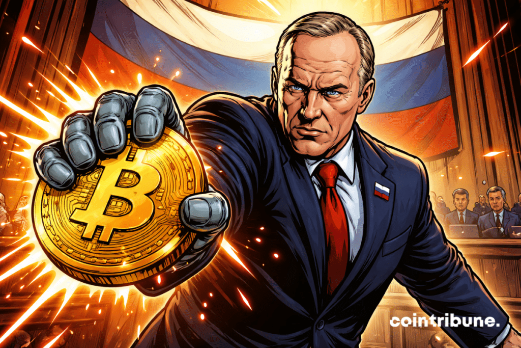 An authoritarian Russian politician holds up a shiny cryptocurrency token—a symbol of state control—in a tense parliament hall with dramatic orange lighting.
