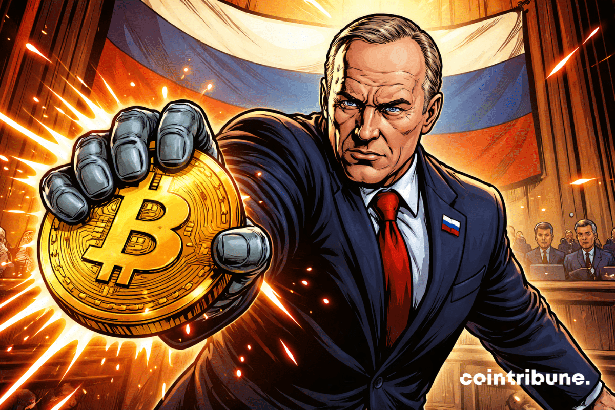 An authoritarian Russian politician holds up a shiny cryptocurrency token—a symbol of state control—in a tense parliament hall with dramatic orange lighting.