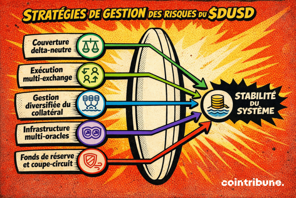 Infographie expliquant plusieurs mécanismes de gestion des risques liés au $DUSD. Cinq dispositifs sont présentés à gauche avec des icônes distinctes : couverture delta-neutre, exécution multi-exchange, gestion diversifiée du collatéral, infrastructure multi-oracles et fonds de réserve avec coupe-circuit. Chaque élément est relié par une flèche colorée passant à travers un large bouclier central, puis convergeant vers un symbole final représentant la stabilité du système.