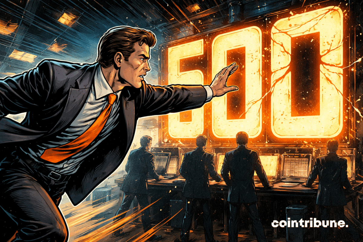 Financier de Tether sous tension fonçant vers un immense 500 fissuré, tandis que des investisseurs hésitent dans une salle de marché dramatique.