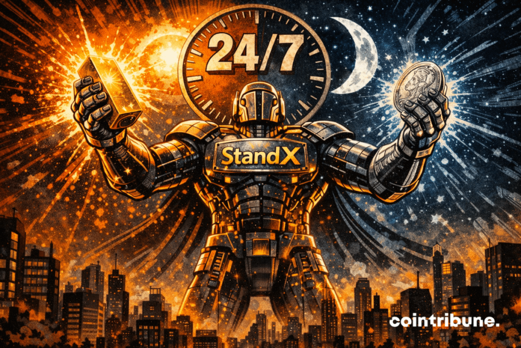 Une illustration montrant un robot futuriste aux couleurs de StandX dominant une skyline urbaine sous une horloge 24h/24 et 7j/7, tenant de l’or et de l’argent pour symboliser le trading or et argent sur les marchés mondiaux, de jour comme de nuit.
