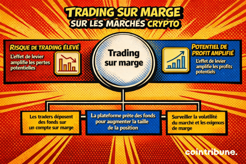 Infographie expliquant le trading sur marge sur les marchés crypto : effet de levier amplifiant les pertes potentielles mais aussi les profits, dépôt de fonds sur un compte sur marge, prêt de capitaux par la plateforme pour augmenter la taille des positions, et nécessité de surveiller la volatilité ainsi que les exigences de marge.