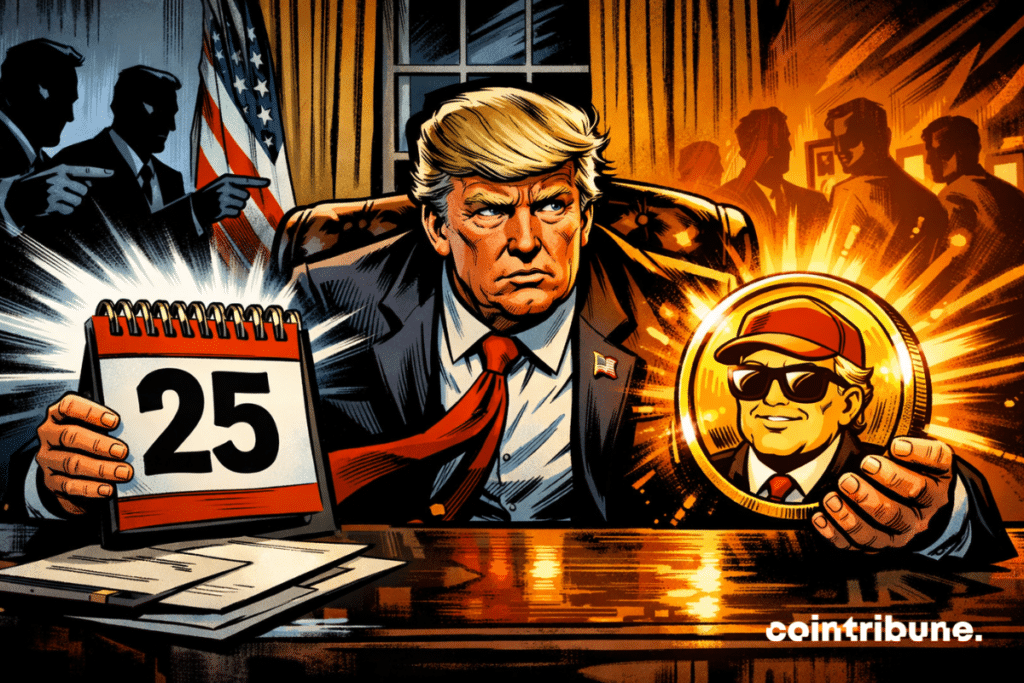 Trump, visivelmente tenso, está sentado à sua mesa, dividido entre uma arma calibre 25 e uma memecoin reluzente, sob a pressão de figuras políticas ameaçadoras que se erguem no fundo escuro