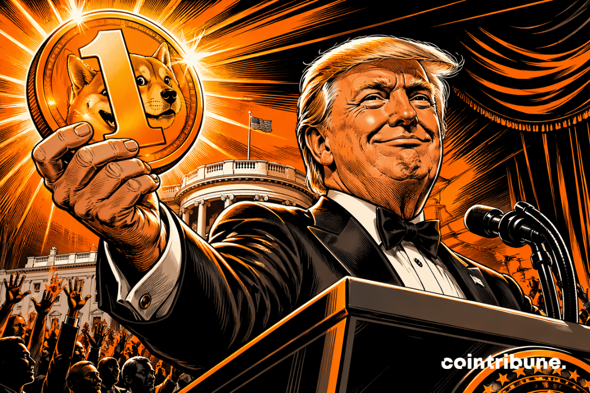 Trump triomphant brandit un memecoin lumineux devant une foule en délire, ambiance gala, style comics 70s orange et noir dramatique