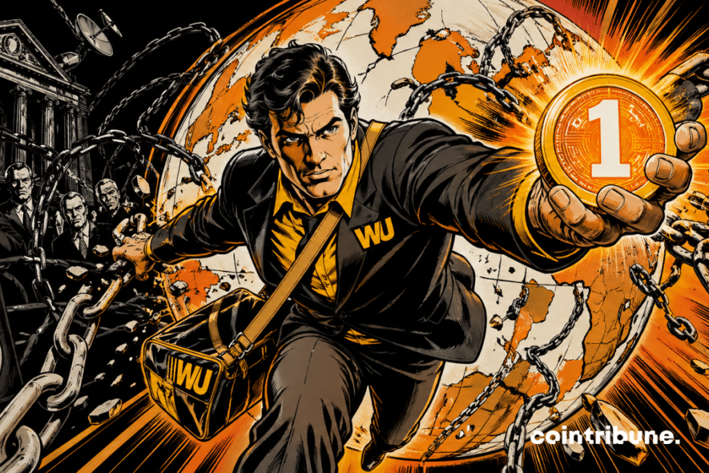 A determined Western Union agent breaking massive chains of stablecoins, running toward a spectator, holding a bright orange coin, with a cracked globe in the background, symbolizing a rapid global financial revolution
