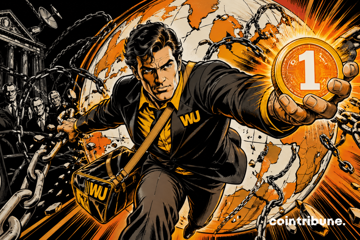 A determined Western Union agent breaking massive chains of stablecoins, running toward a spectator, holding a bright orange coin, with a cracked globe in the background, symbolizing a rapid global financial revolution