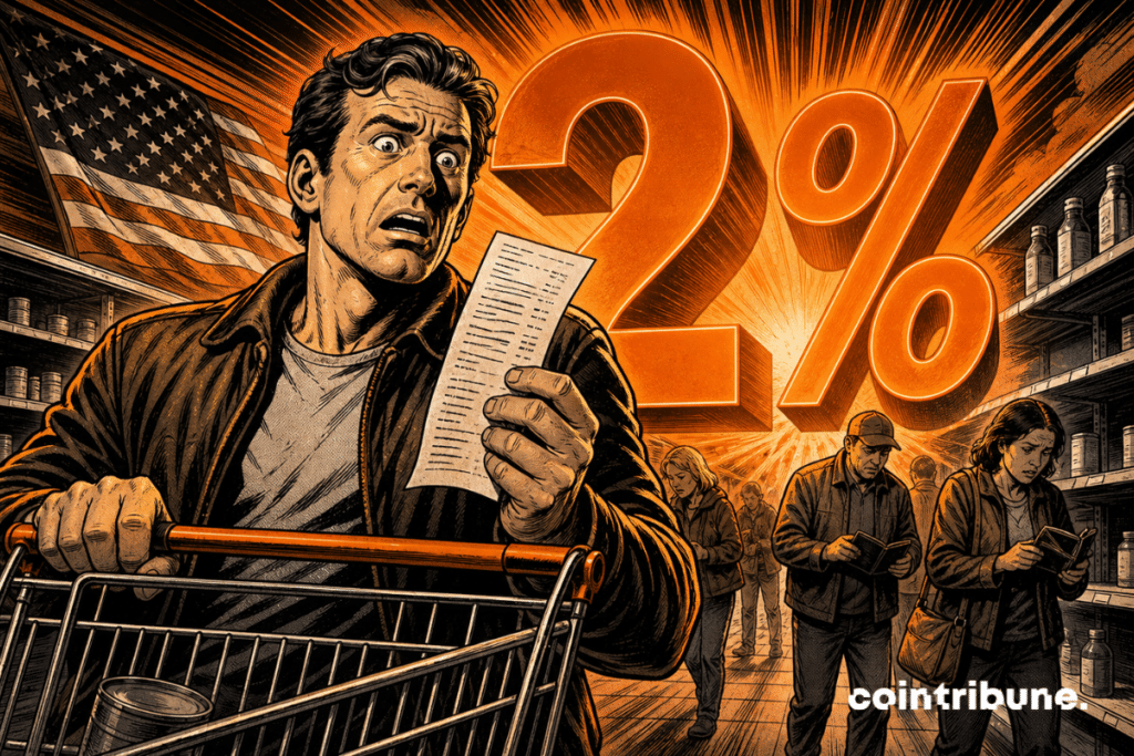 Comic-style illustration of a worried man in a supermarket, holding a receipt in front of a huge orange “2%,” symbolizing pessimism about the U.S. economy.