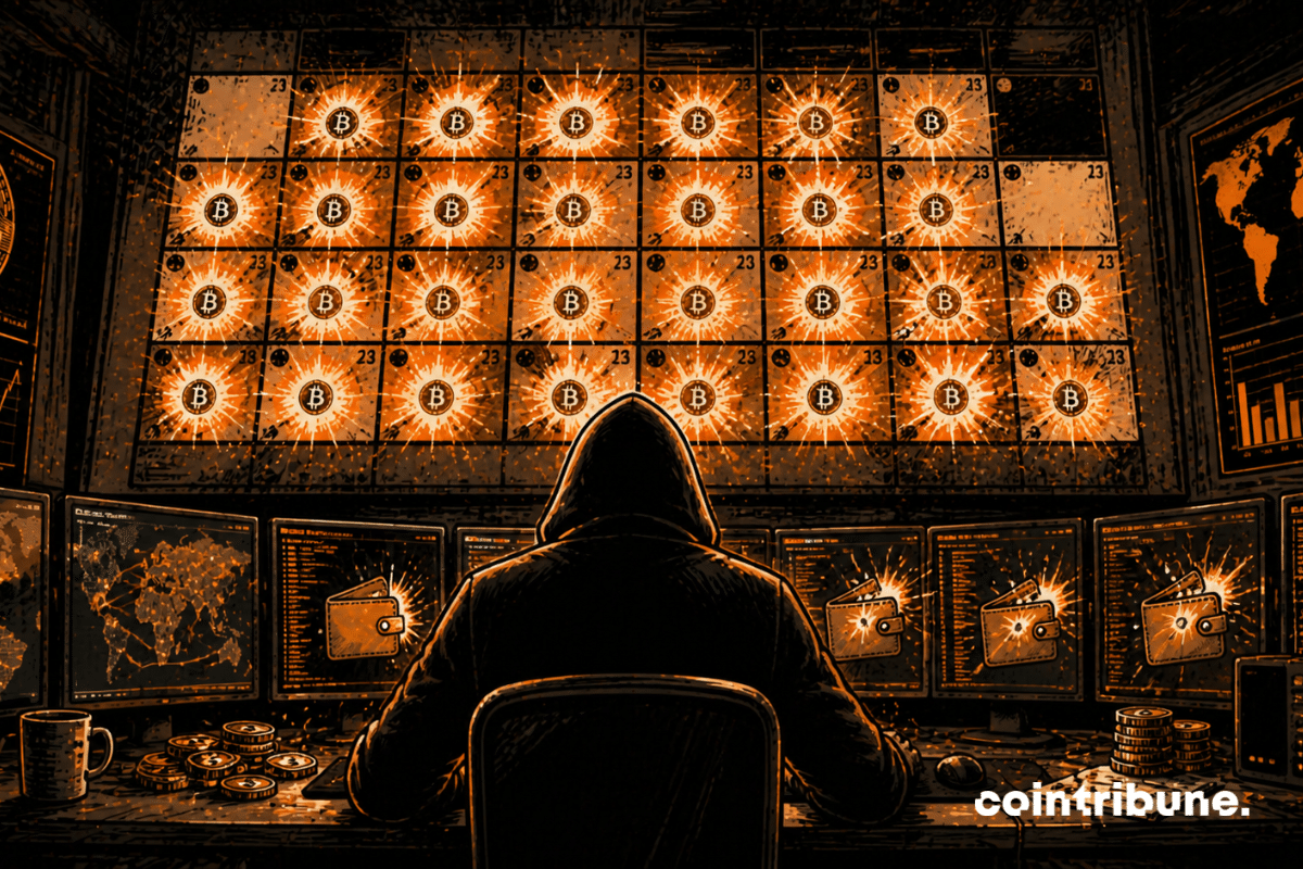 Un hacker en silhouette observe plusieurs écrans. Chaque jour du calendrier est marqué par une explosion lumineuse, ce qui symbolise les diverses attaques perpétrées au cours du mois d’avril 2026.