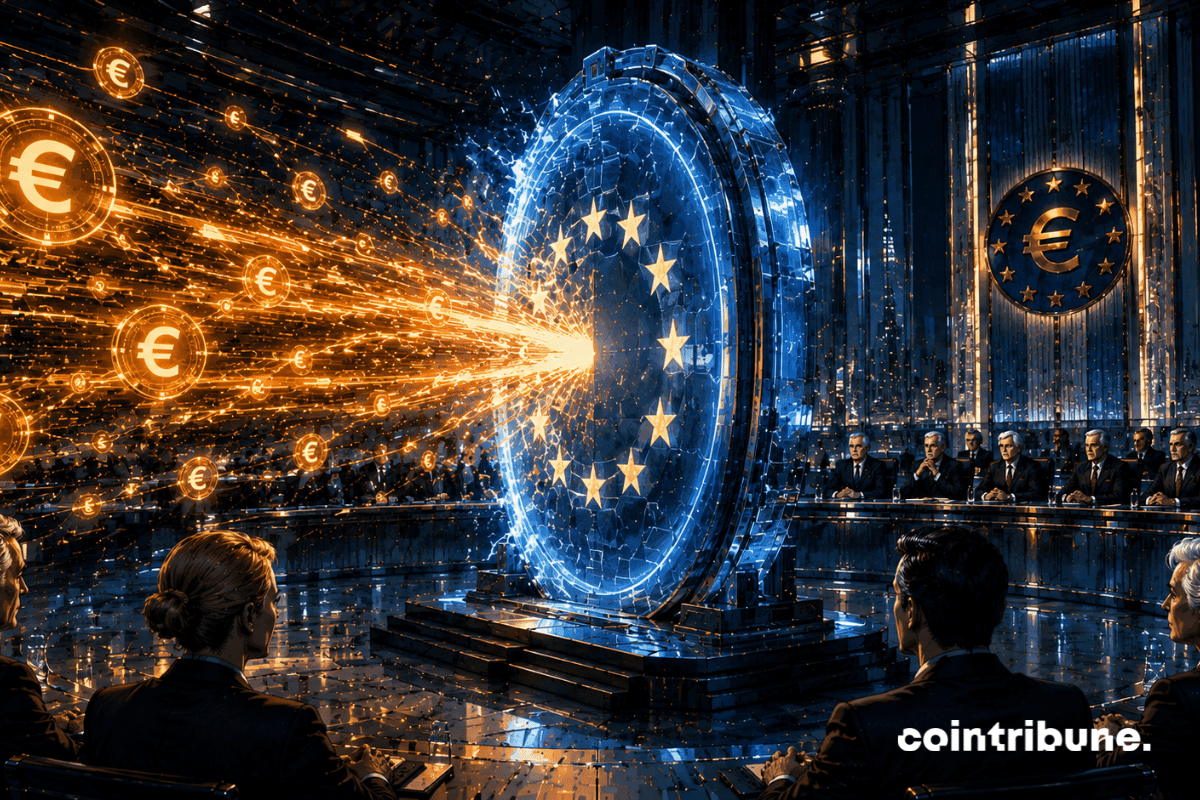 Dans une immense salle monétaire futuriste inspirée de la BCE, des banquiers centraux et régulateurs observent un réseau énergétique de stablecoins en expansion.