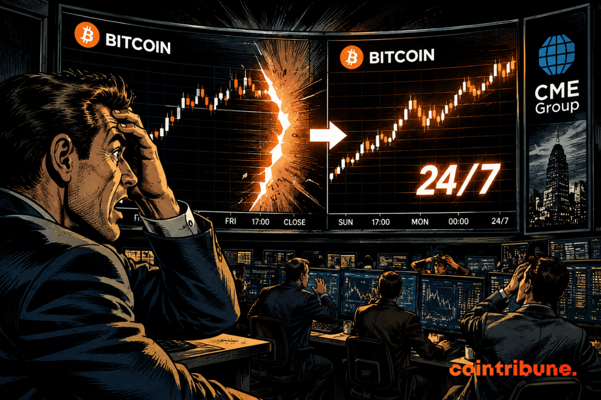 Des traders paniquent devant un graphique Bitcoin dont une faille historique disparaît brutalement sous un flux continu de marché permanent