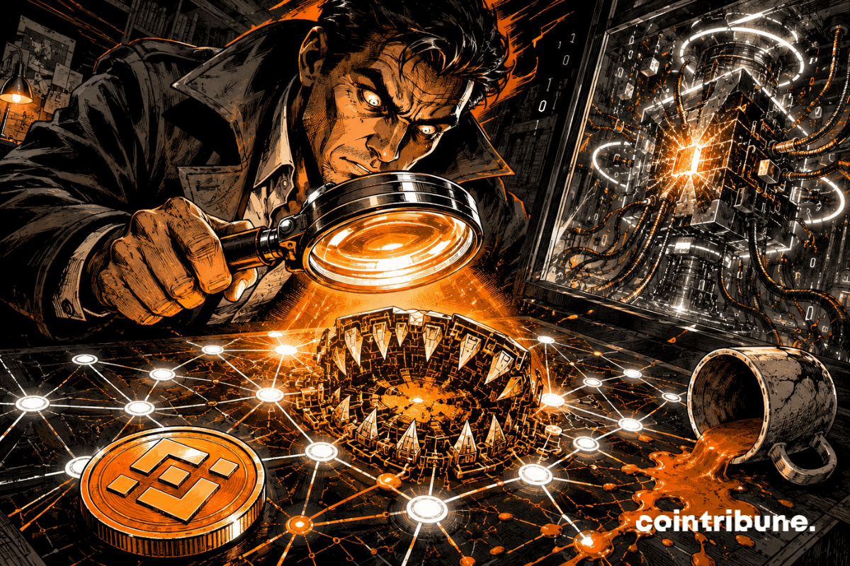 Comic-style illustration of a crypto detective discovering, through a magnifying glass, a hidden mechanical trap inside an orange-and-black blockchain network.