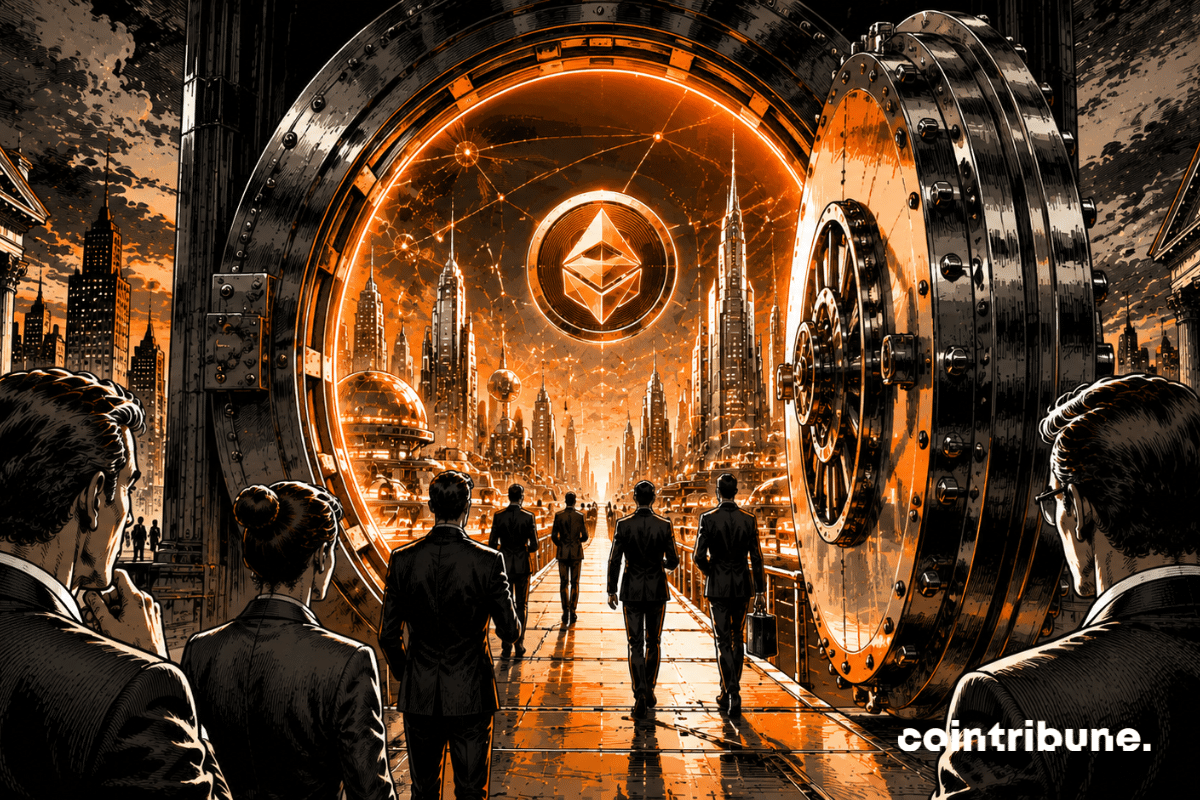 A massive futuristic gateway inspired by institutional finance opens before them. Several traders walk toward it with curiosity and confidence, symbolizing the launch of the BNB ETF.