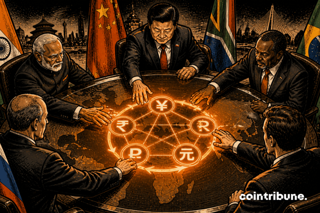 Des représentants des BRICS sont autour d’une table ronde. Un flux circulaire de monnaies relie chaque participant, ce qui symbolise le nouveau système de dédollarisation.