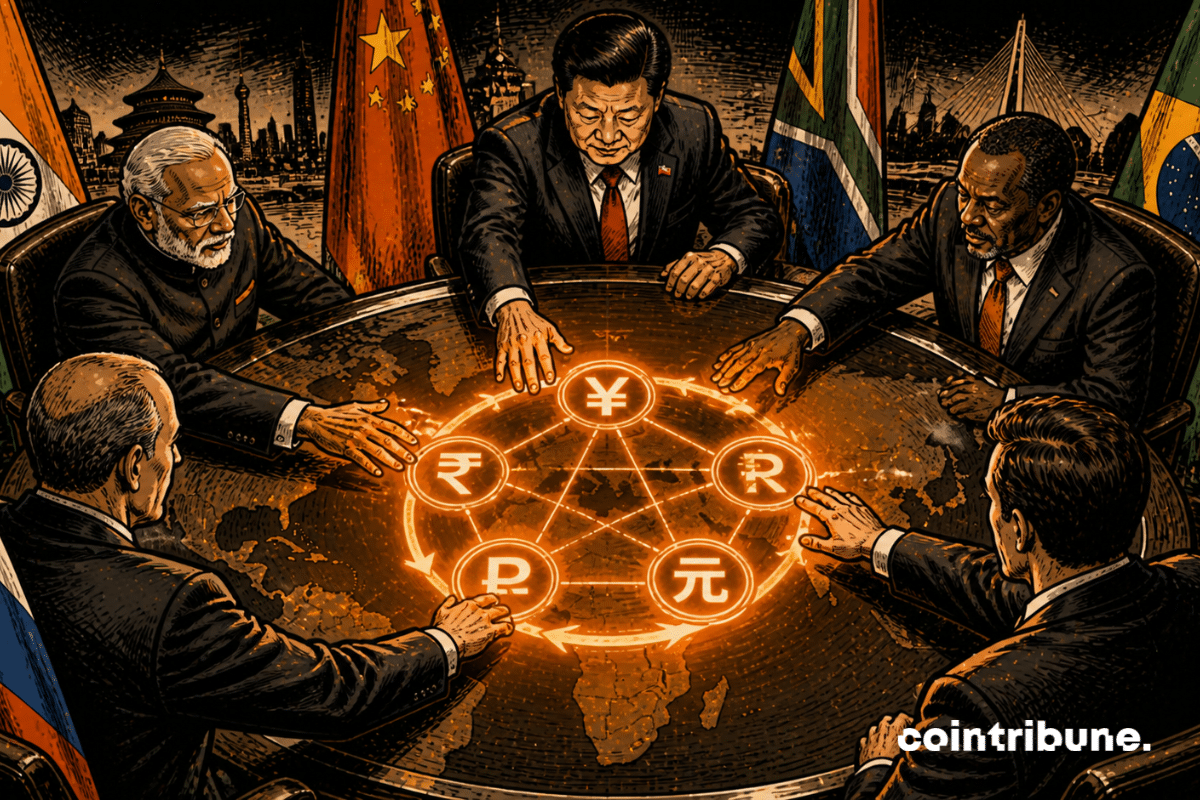Des représentants des BRICS sont autour d’une table ronde. Un flux circulaire de monnaies relie chaque participant, ce qui symbolise le nouveau système de dédollarisation.