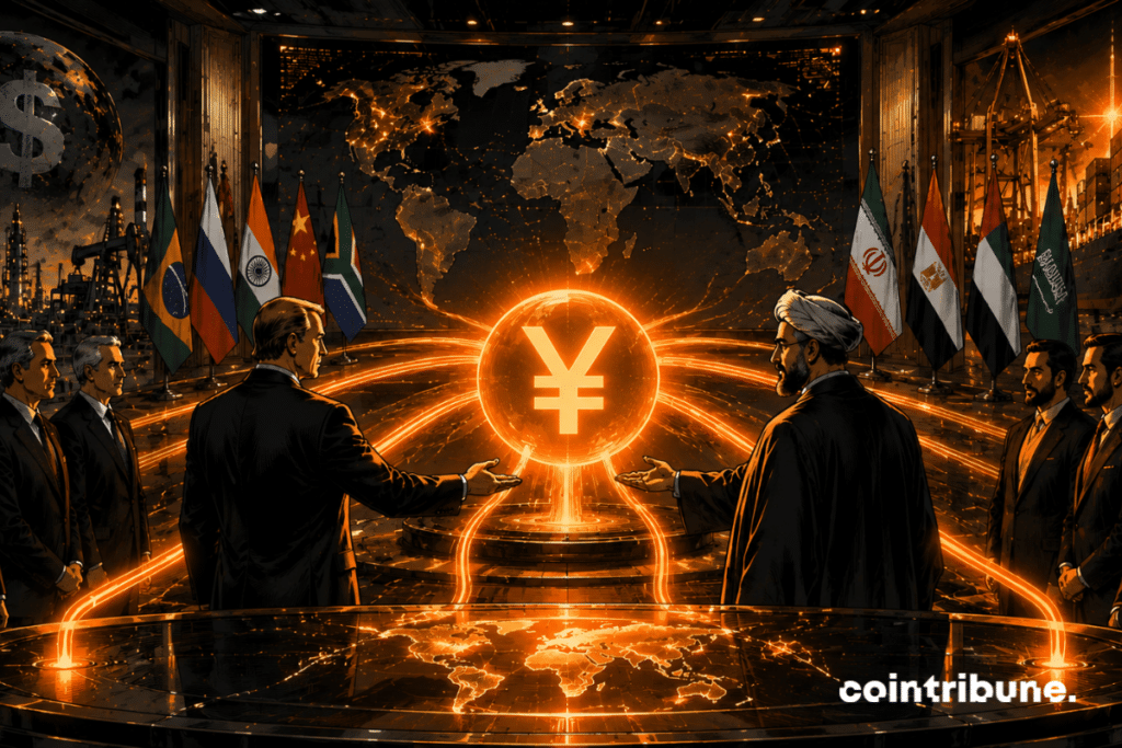 Dans une immense salle financière géopolitique, des représentants économiques russes et iraniens, deux pays du bloc des BRICS, avancent vers une sphère énergétique en yuan lumineuse. Des flux commerciaux orange et rouges contournent un symbole dollar assombri.