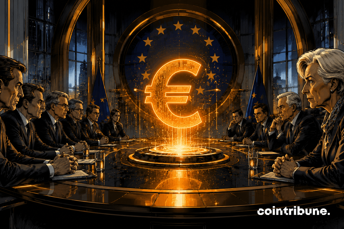 Dans une salle de réunion européenne, deux groupes institutionnels sont opposés autour d’une table circulaire. L’hologramme lumineux d’un euro numérique flotte entre eux.
