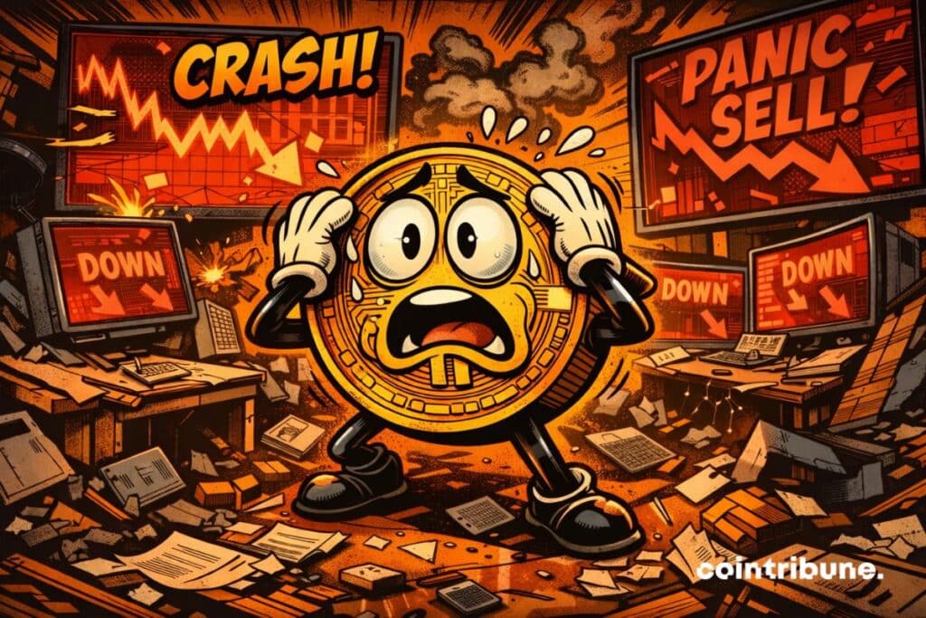 Le bitcoin en panique dans une salle de marché en chute.