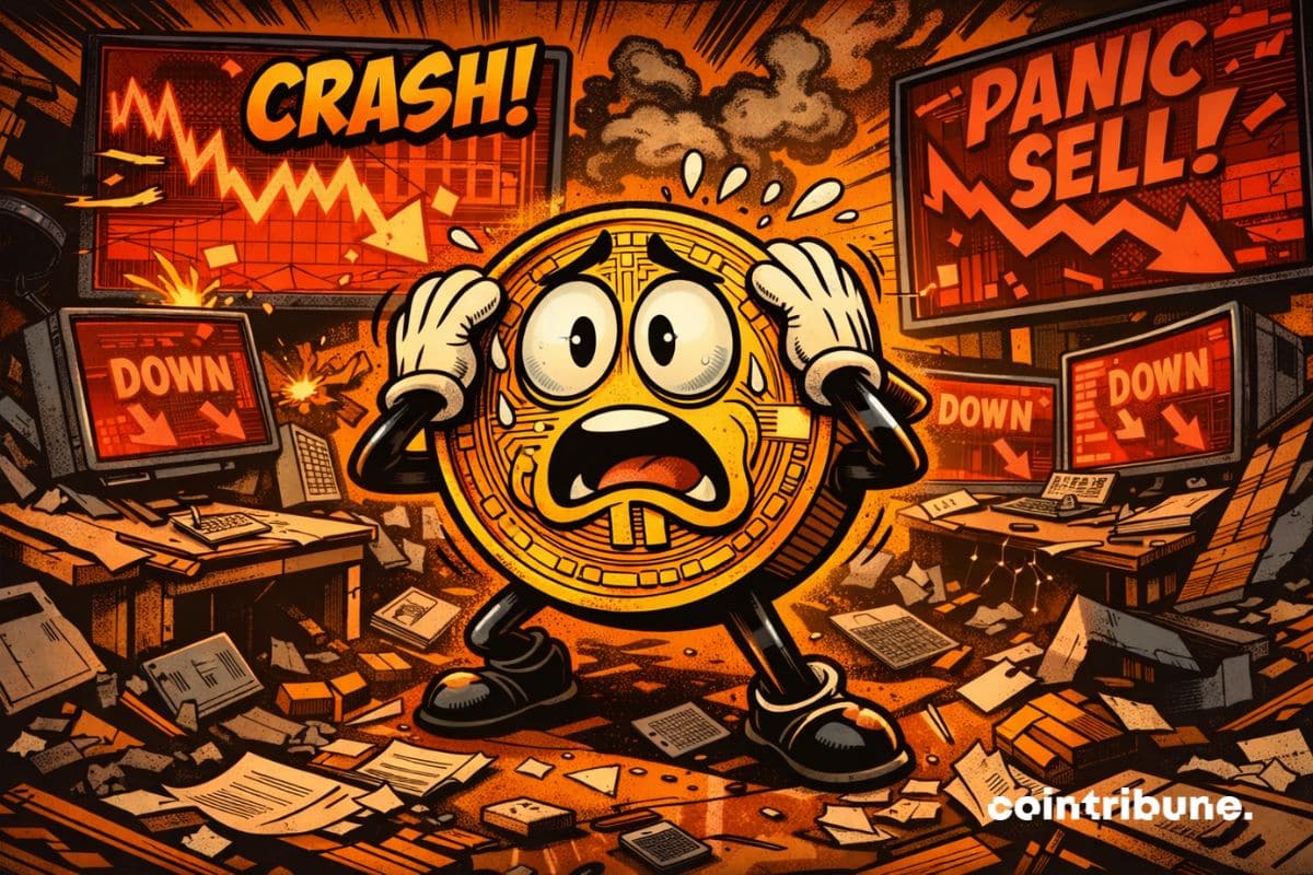 Bitcoin panics in a collapsing trading room.