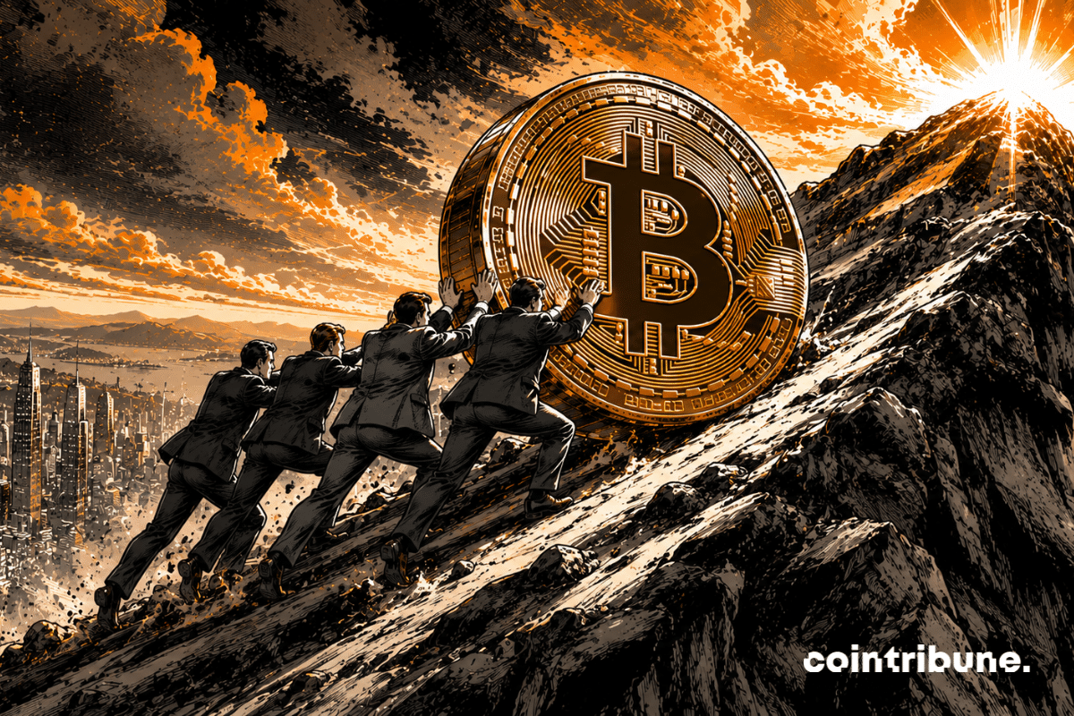 Un grupo de inversores con traje empuja una gigantesca moneda de Bitcoin hacia la cima.