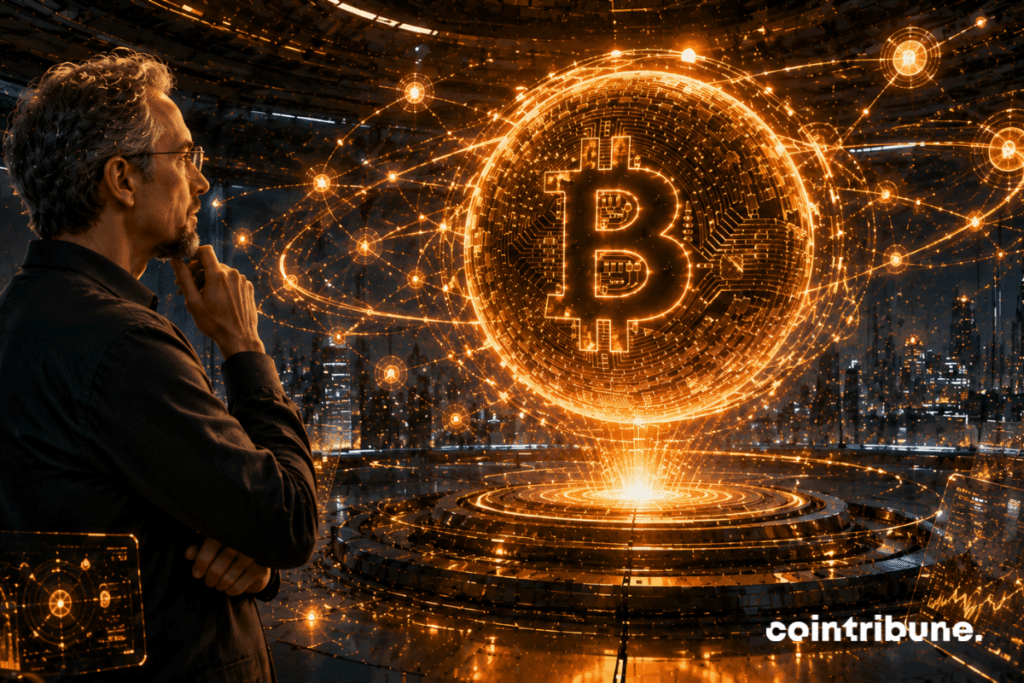 Dans une immense salle de réflexion technologique futuriste, une figure inspirée d’Adam Back observe une gigantesque sphère Bitcoin énergétique flottante.