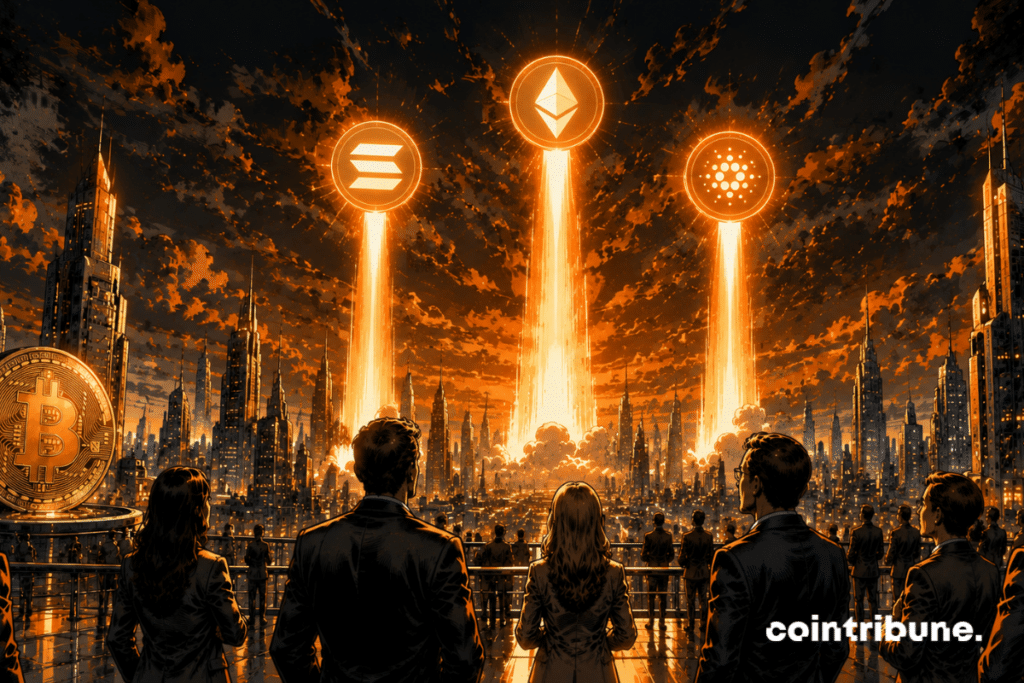 Sur une skyline futuriste crypto, des investisseurs observent plusieurs sources lumineuses monter dans le ciel. Trois sphères énergétiques distinctes représentant des altcoins s’élèvent indépendamment d’un Bitcoin plus éloigné.