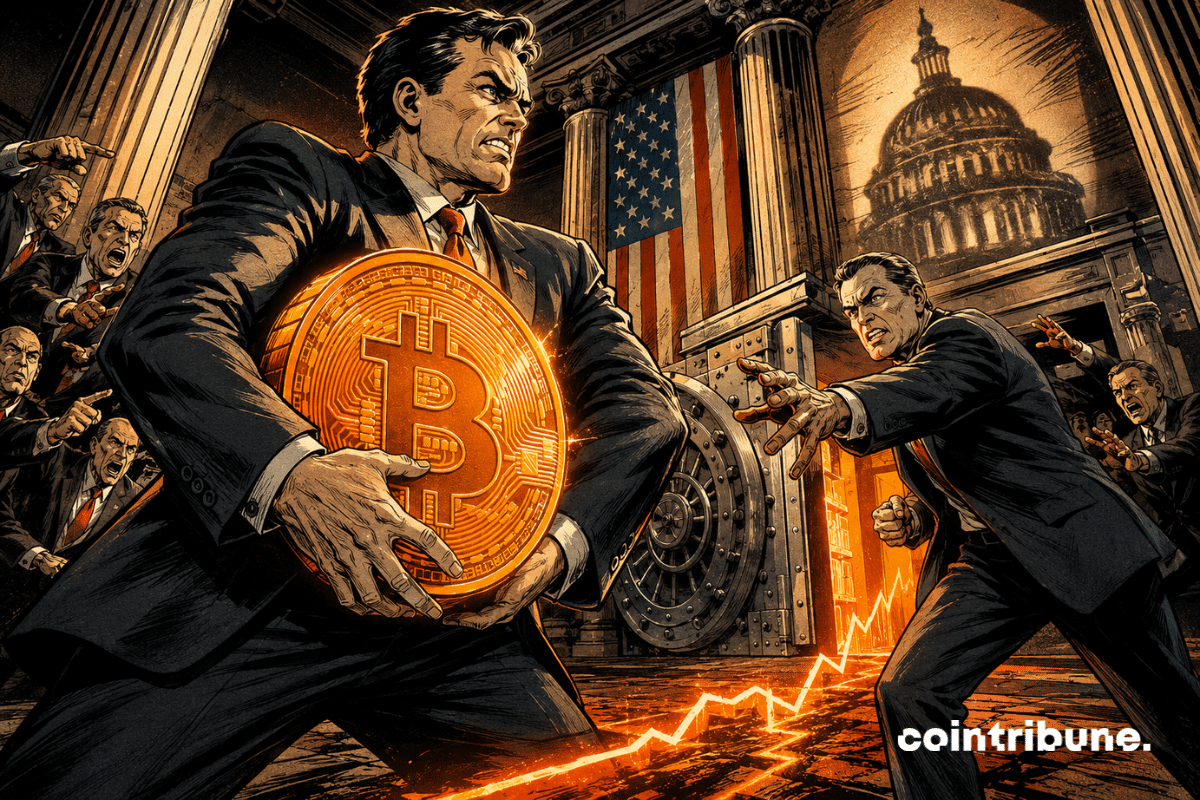 Illustration comics d’élus américains se disputant une grande pièce Bitcoin orange devant un coffre-fort au Capitole.
