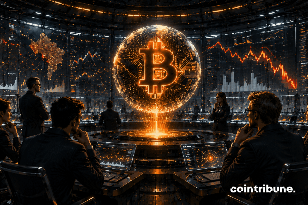 In a futuristic financial analysis laboratory, analysts examine conflicting bearish signals. A Bitcoin is weakened, but still active.