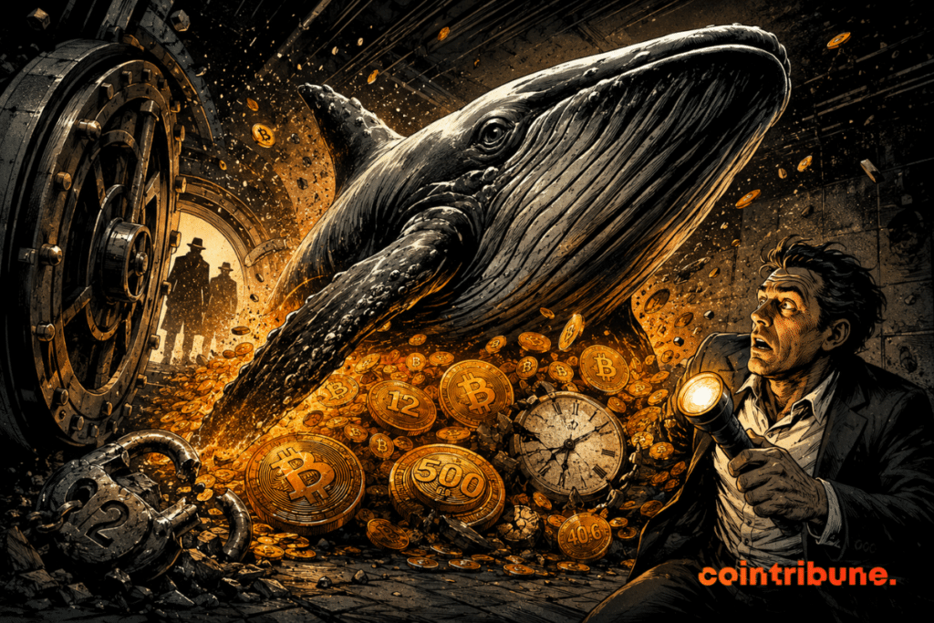 Ilustração em estilo comics de uma enorme baleia emergindo de um cofre cheio de bitcoins, diante de um analista surpreso.