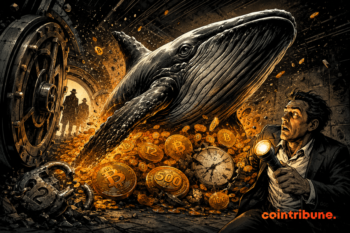 Comic-style illustration of a giant whale emerging from a vault filled with bitcoins, facing a surprised analyst.