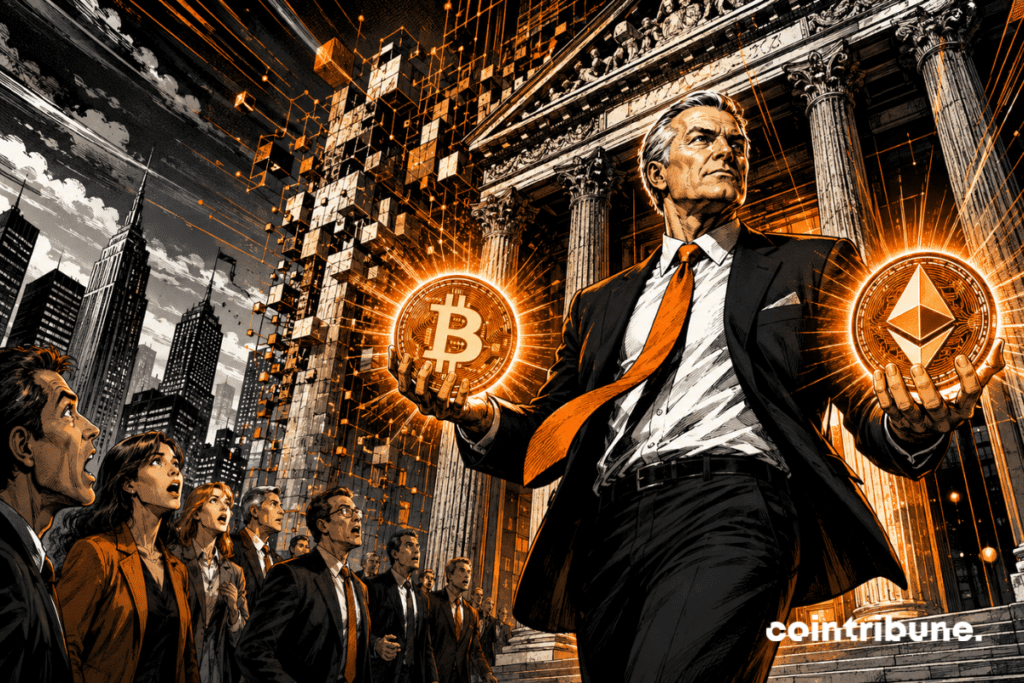 Un dirigeant bancaire brandit Bitcoin et Ethereum devant une banque, sous les regards stupéfaits d’une foule.