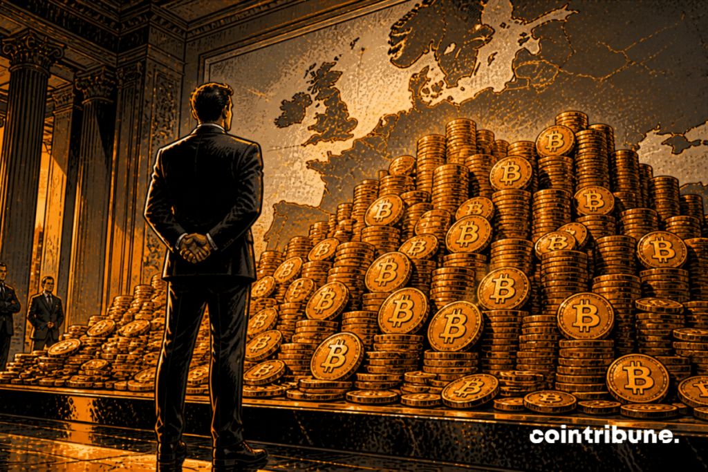 Un gestionnaire institutionnel (BlackRock) se tient debout devant une pile massive de Bitcoins.