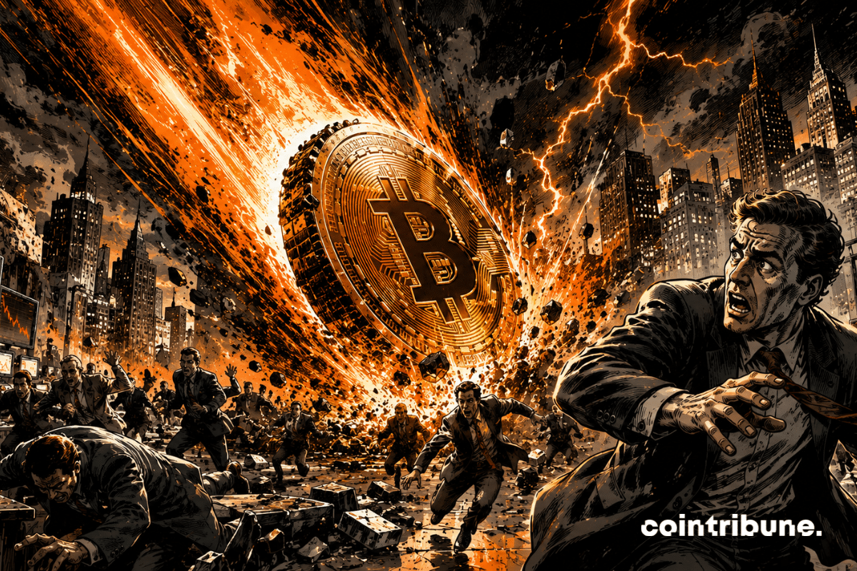A gigantic flaming Bitcoin falls from the sky like a meteorite. Traders are running in all directions.