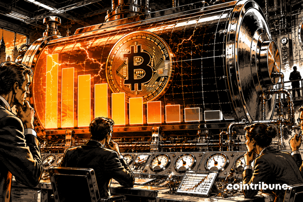 A massive industrial battery inspired by Bitcoin dominates the scene. Its energy level appears to be decreasing visually through progressively darkened areas. CryptoQuant analysts are monitoring the installation.
