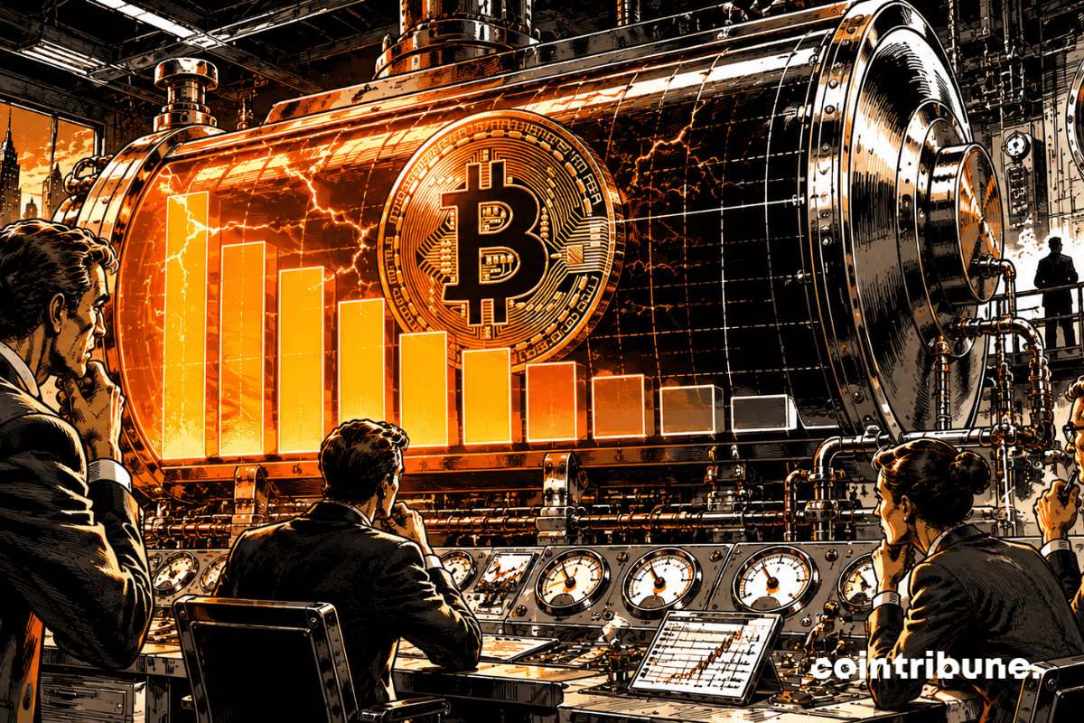 Une immense batterie industrielle inspirée du Bitcoin domine la scène. Son niveau d’énergie semble diminuer visuellement par des zones sombres progressives. Des analystes de CryptoQuant observent l’installation.