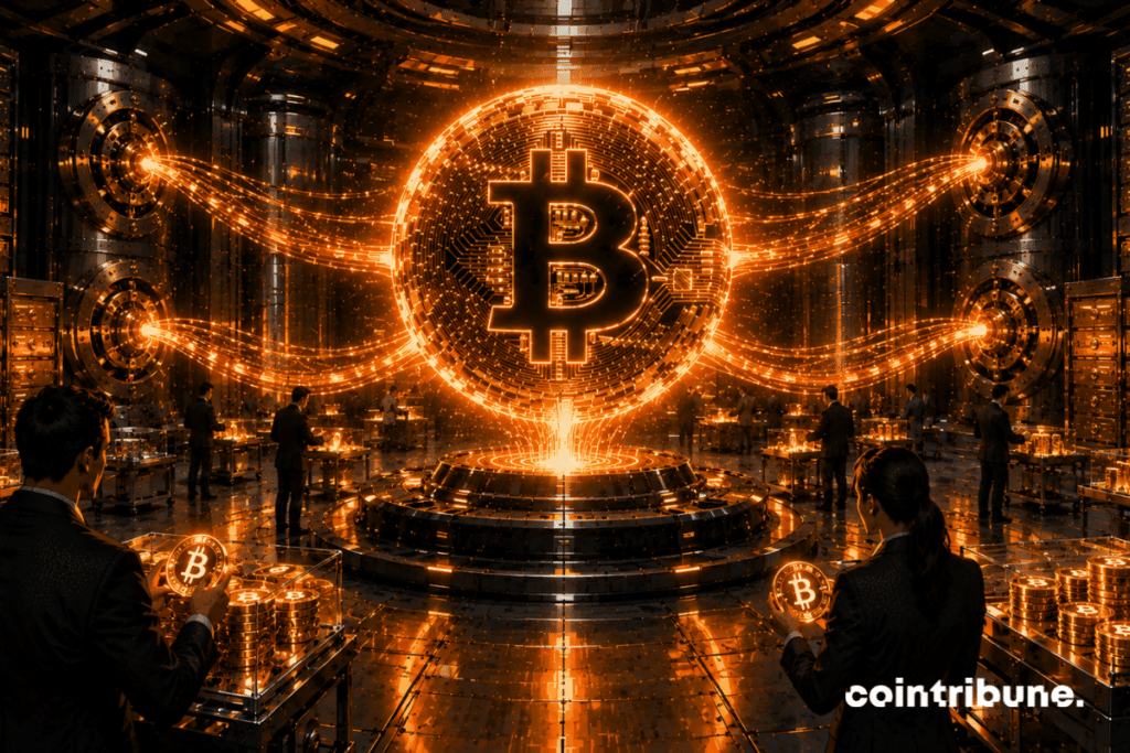 In a massive ultra-secure futuristic crypto vault, institutional investors and long-term holders are methodically accumulating glowing Bitcoins.
