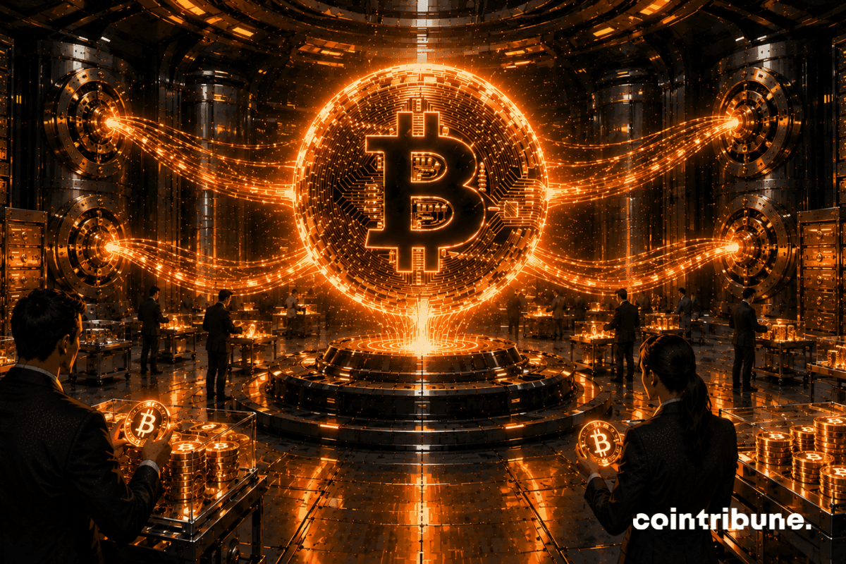 In a massive ultra-secure futuristic crypto vault, institutional investors and long-term holders are methodically accumulating glowing Bitcoins.