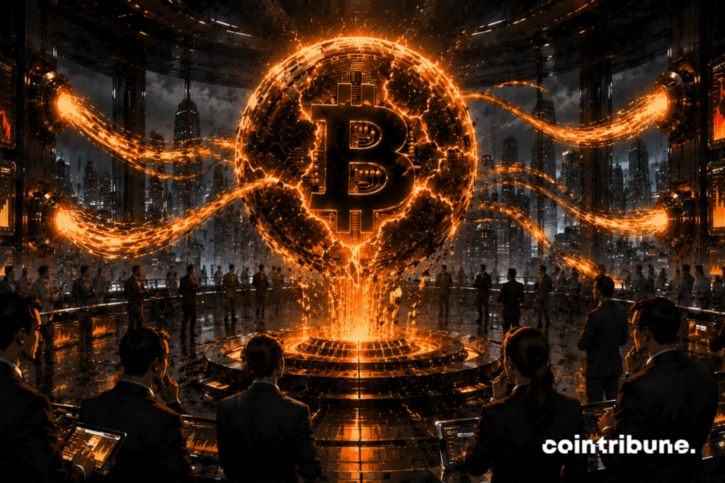 In a vast futuristic crypto trading floor, traders and investors watch streams of energy leaving Bitcoin. A gigantic Bitcoin sphere appears unstable, covered with glowing cracks and orange flows escaping from it