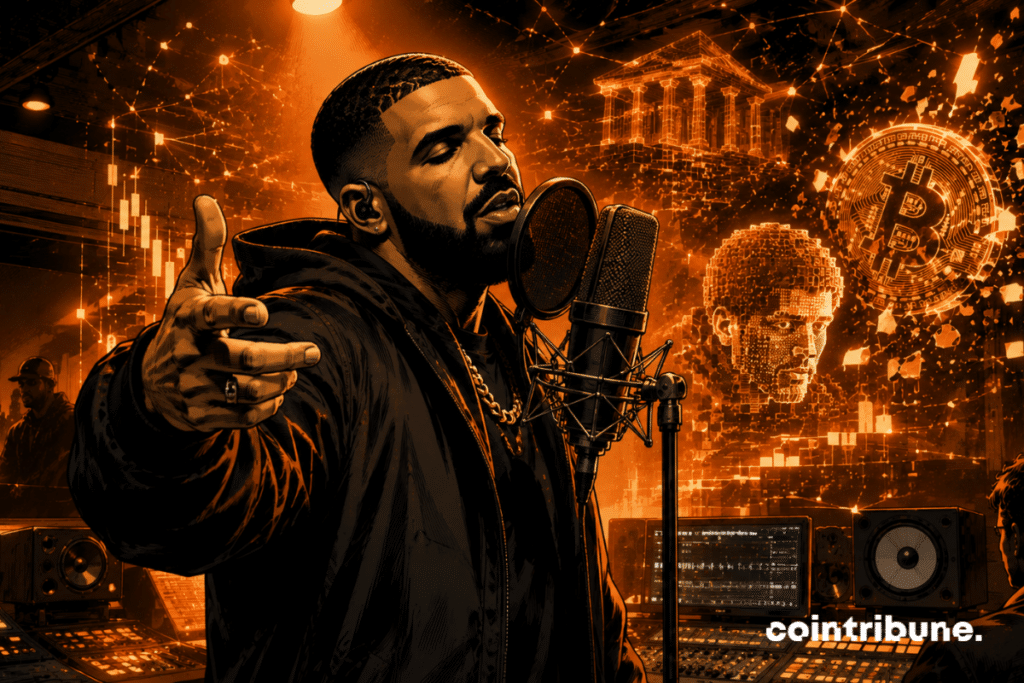 Dans un studio d’enregistrement futuriste, un rappeur célèbre (Drake) est devant un microphone sous des lumières orange dramatiques. Des hologrammes financiers et fragments visuels inspirés de FTX et du Bitcoin apparaissent derrière lui.