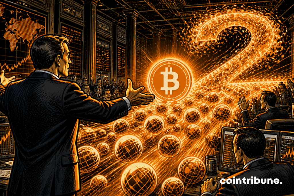 Dans une salle de marché dynamique, un gestionnaire de fonds ETF a les bras ouverts face à un flux entrant de capitaux se dirigeant vers un Bitcoin central.