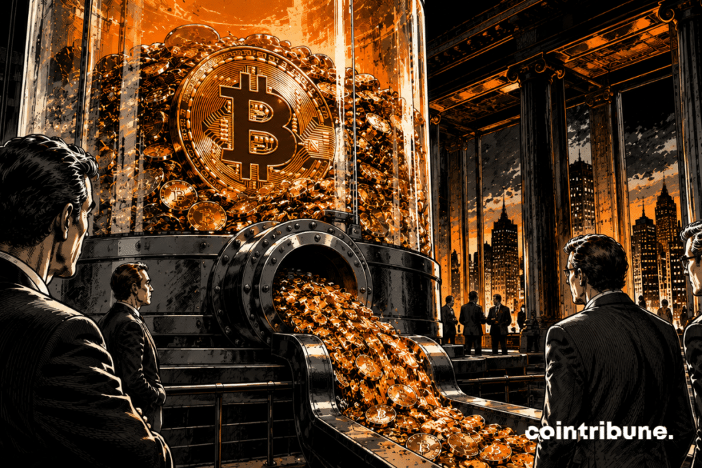 Un gigantesque réservoir transparent rempli de pièces Bitcoin se vide lentement par une large canalisation. Des analystes observent la scène.
