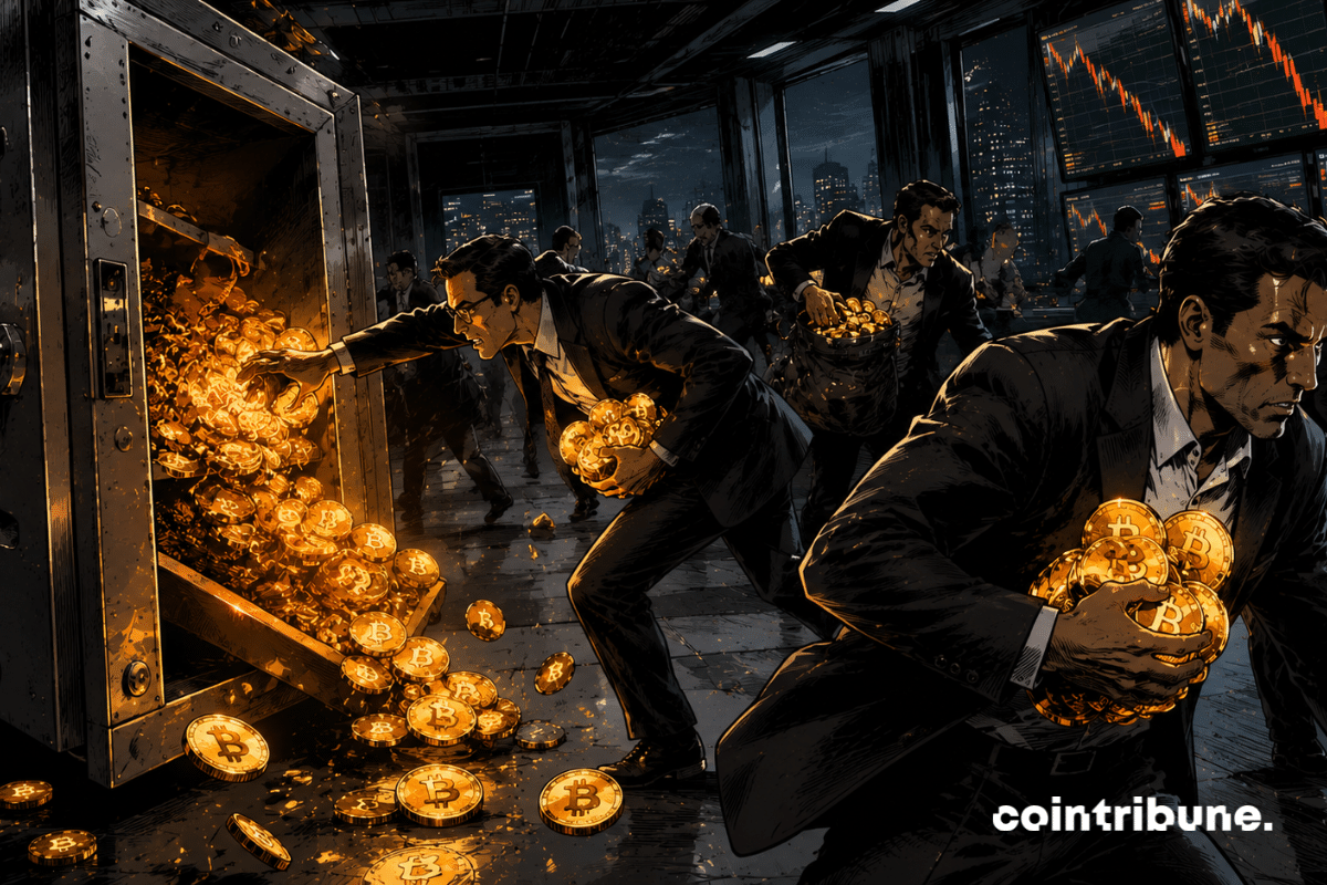 Inside an open vault, traders are withdrawing Bitcoin coins in massive quantities.