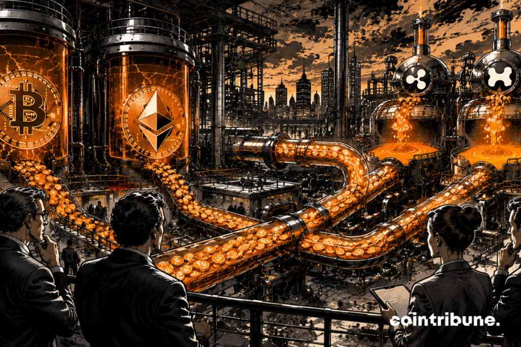 Two massive reservoirs inspired by Bitcoin and Ethereum are gradually draining. Streams of light flow through gigantic pipelines toward two other modern structures representing the market’s new centers of attraction.
