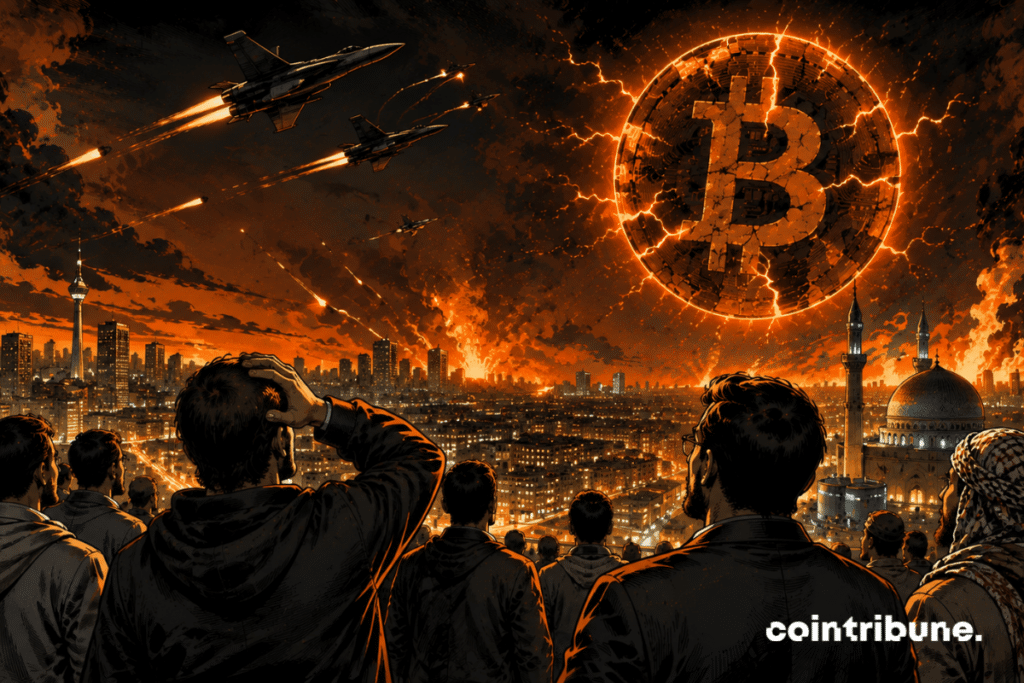 A crowd watches military aircraft crossing a night sky above a futuristic Middle Eastern city. A dark Bitcoin halo flickers in the sky.