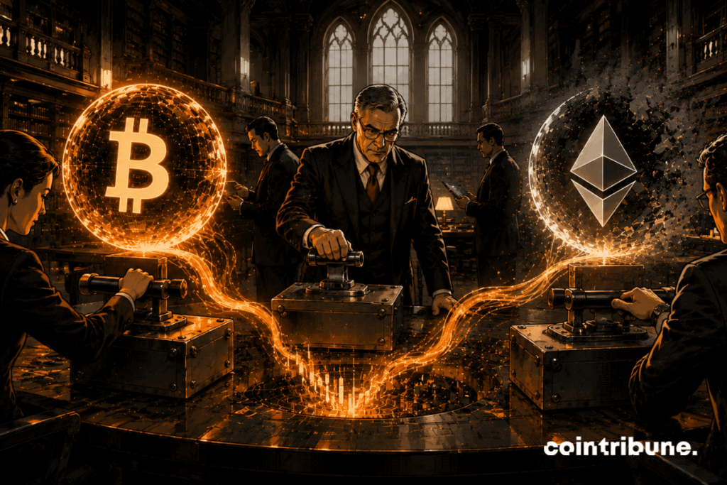 A massive futuristic university library has been transformed into a financial center. Institutional officials are shutting down digital crypto vaults. An Ethereum sphere gradually powers down while Bitcoin loses its intensity.