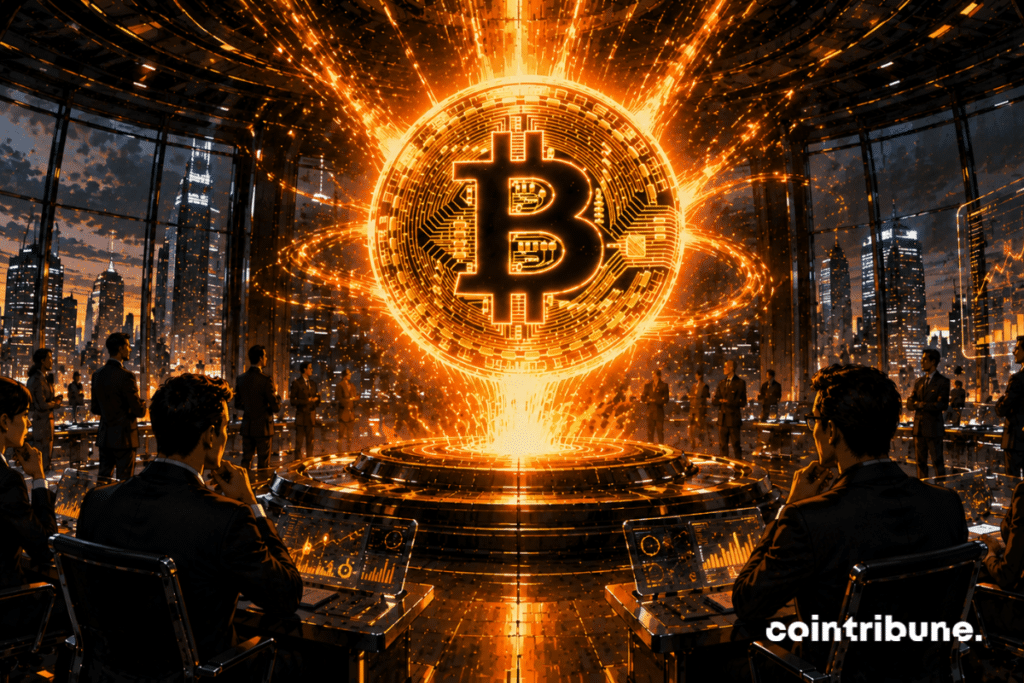 Inside an immense ultra-modern futuristic financial hall, institutional investors and Fidelity analysts observe Bitcoin’s energetic awakening.
