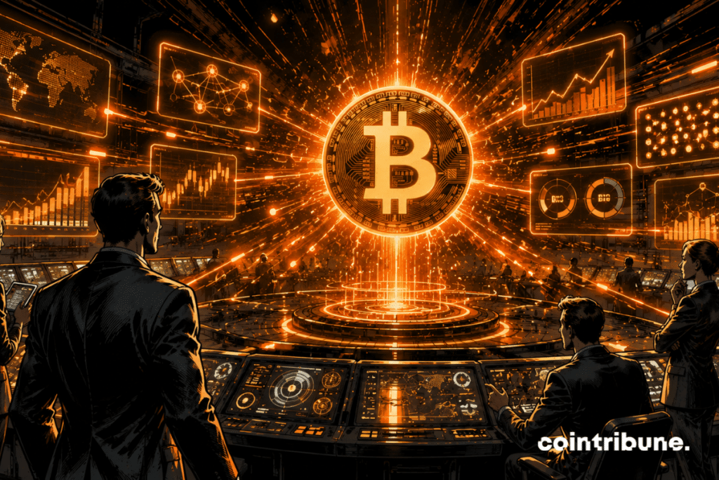 Dans un centre de contrôle futuriste, des analystes regardent plusieurs indicateurs converger. Un immense symbole Bitcoin illumine au centre des écrans convergents.