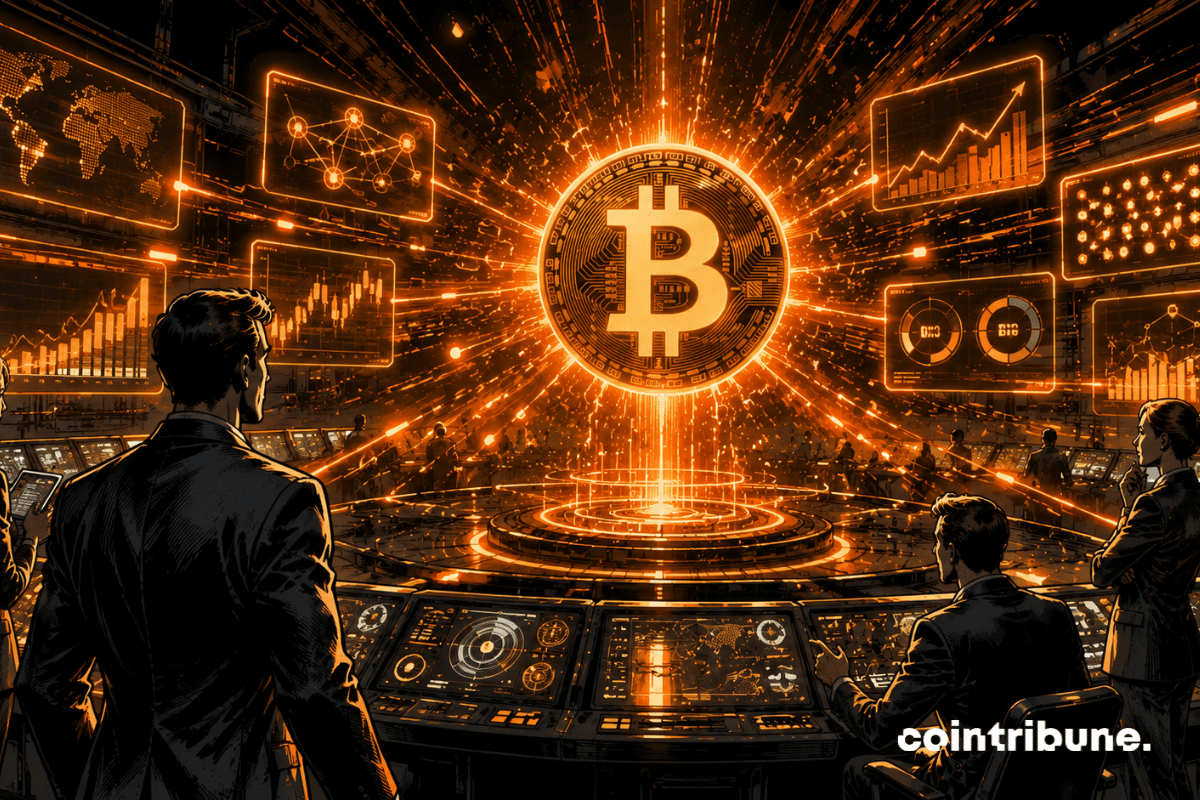 In a futuristic control center, analysts watch multiple indicators converge. A massive Bitcoin symbol glows at the center of the converging screens.