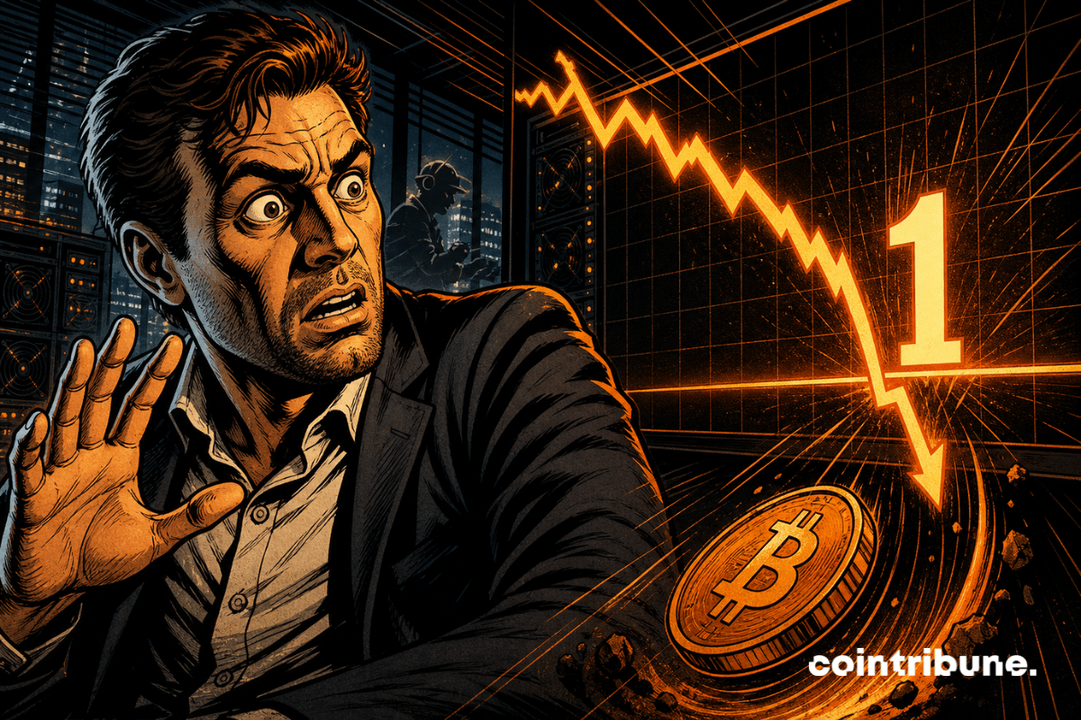 un analyste inquiet face à une courbe Bitcoin orange chutant sous le chiffre 1.