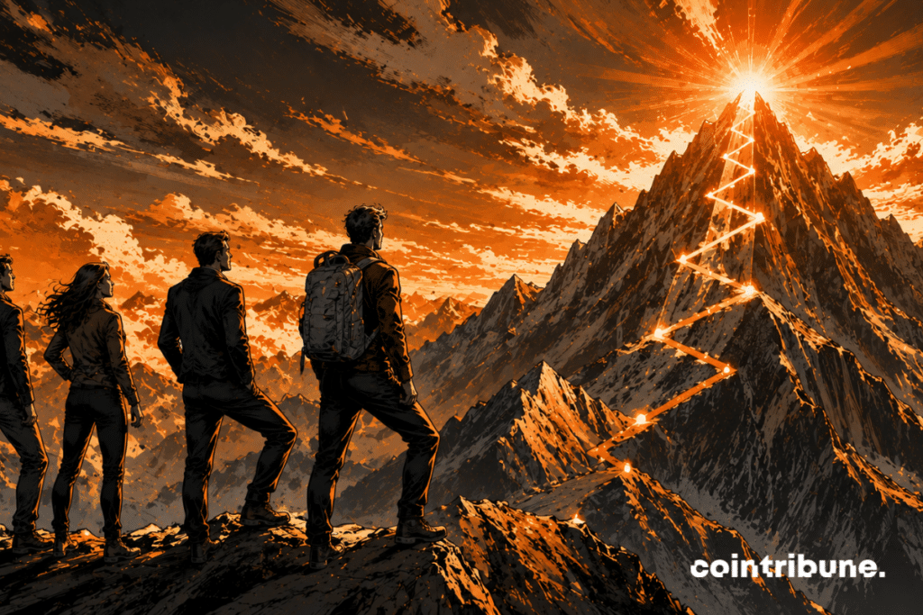 En la cima de una montaña futurista, unos inversores miran hacia un Bitcoin luminoso.